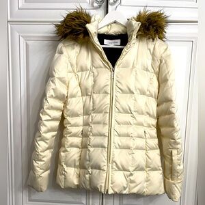 Calvin Klein Women’s Size Small Cream Puffer Jacket Removable Faux Fur Hood Coat